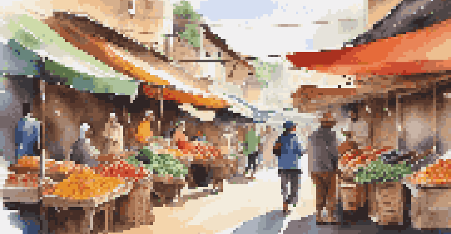 A digital nomad exploring a vibrant local market filled with fresh fruits and handmade crafts, interacting with smiling vendors.