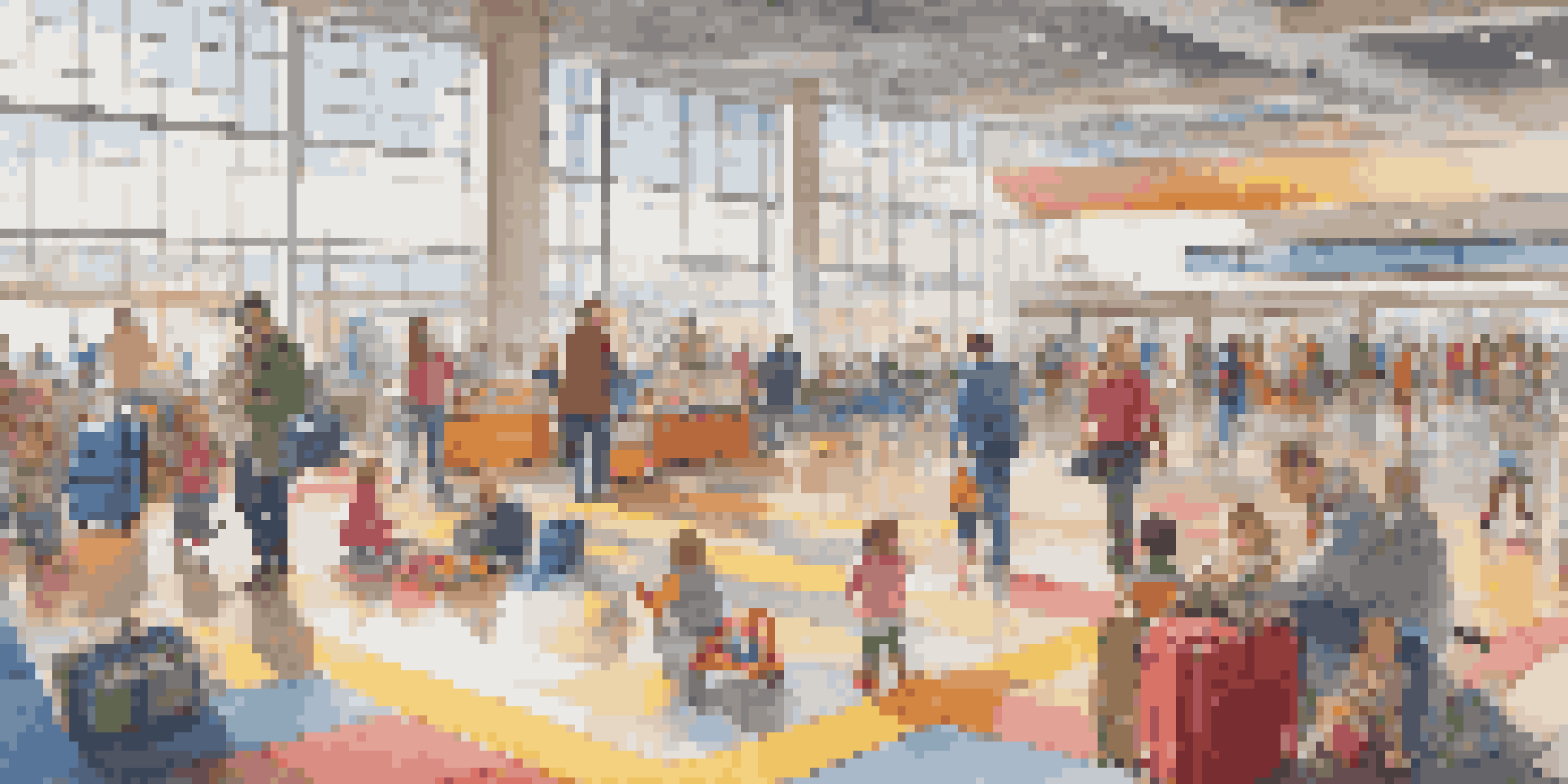 A busy airport terminal with families and children playing in a colorful play area.