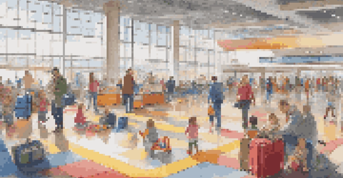 A busy airport terminal with families and children playing in a colorful play area.