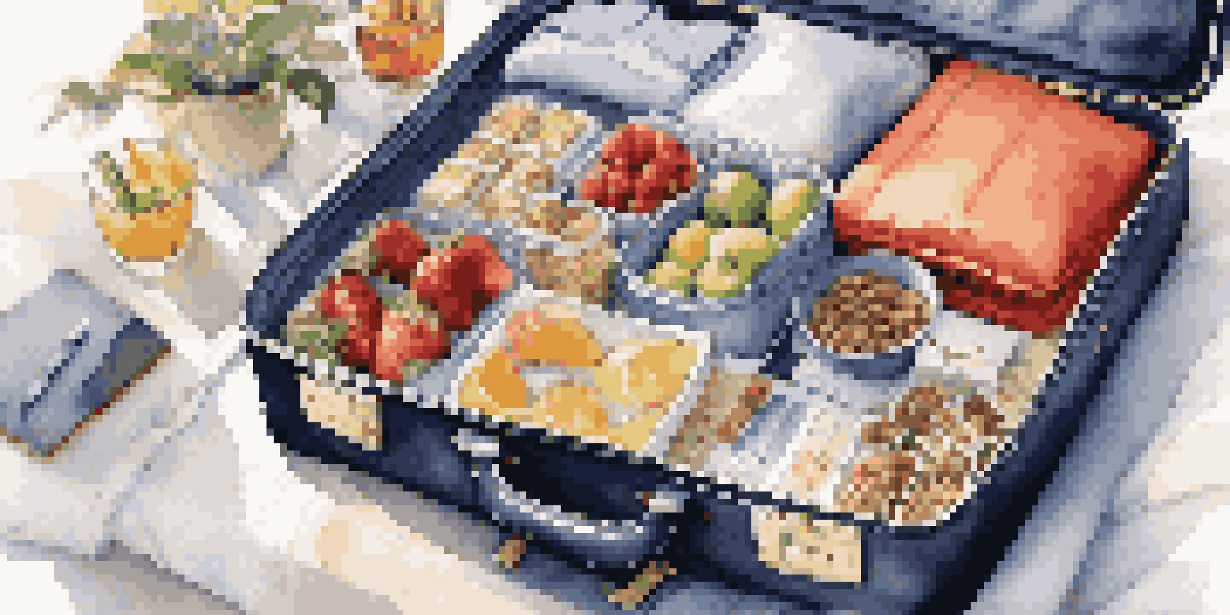 A travel suitcase on a hotel bed, packed with healthy snacks, workout gear, and a travel journal, illuminated by warm natural light.