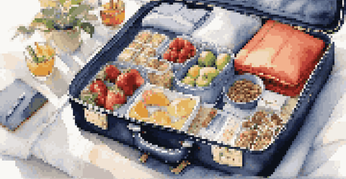 A travel suitcase on a hotel bed, packed with healthy snacks, workout gear, and a travel journal, illuminated by warm natural light.