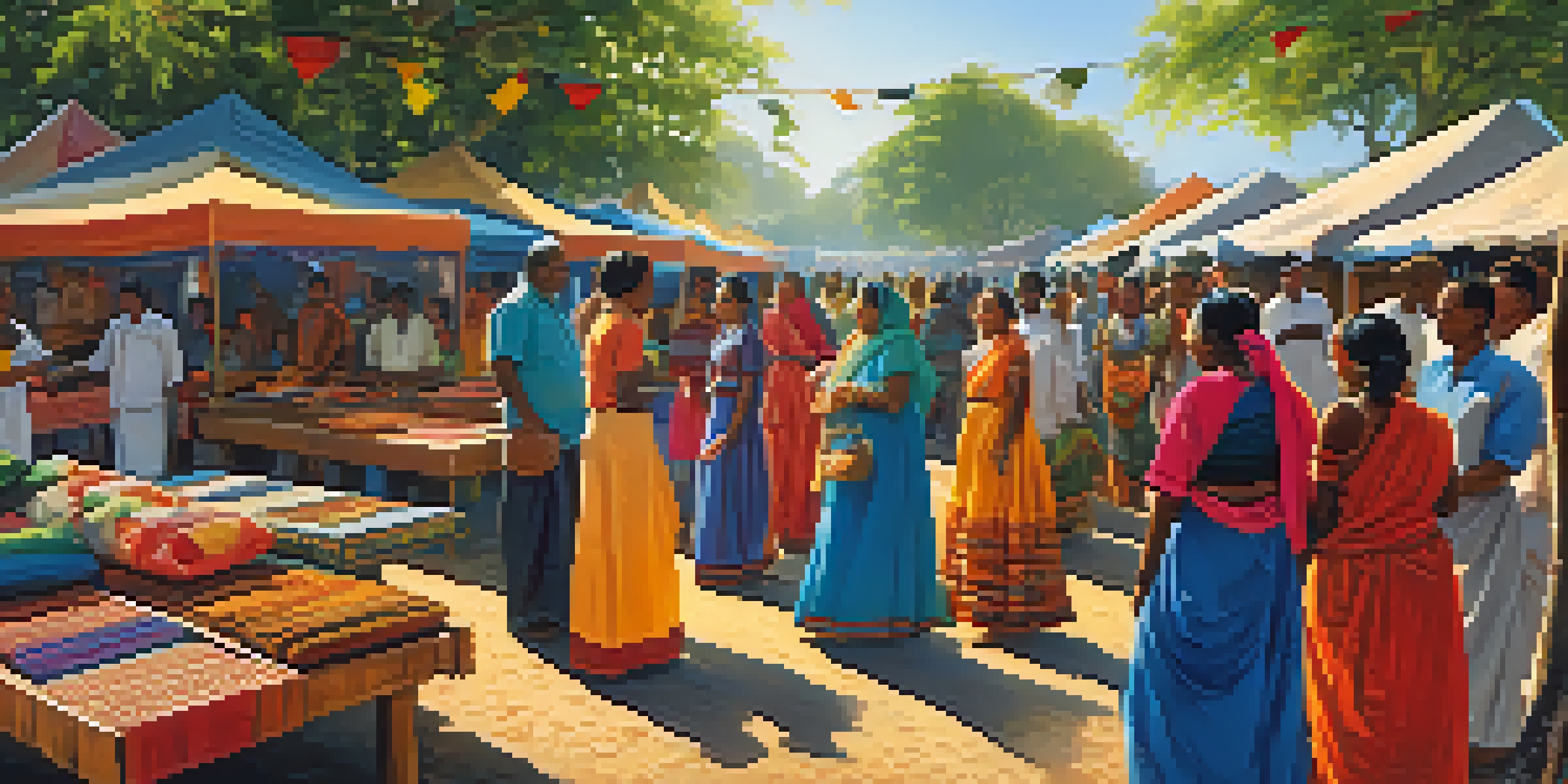 A lively community festival with colorful stalls and local artisans, surrounded by greenery and a blue sky.