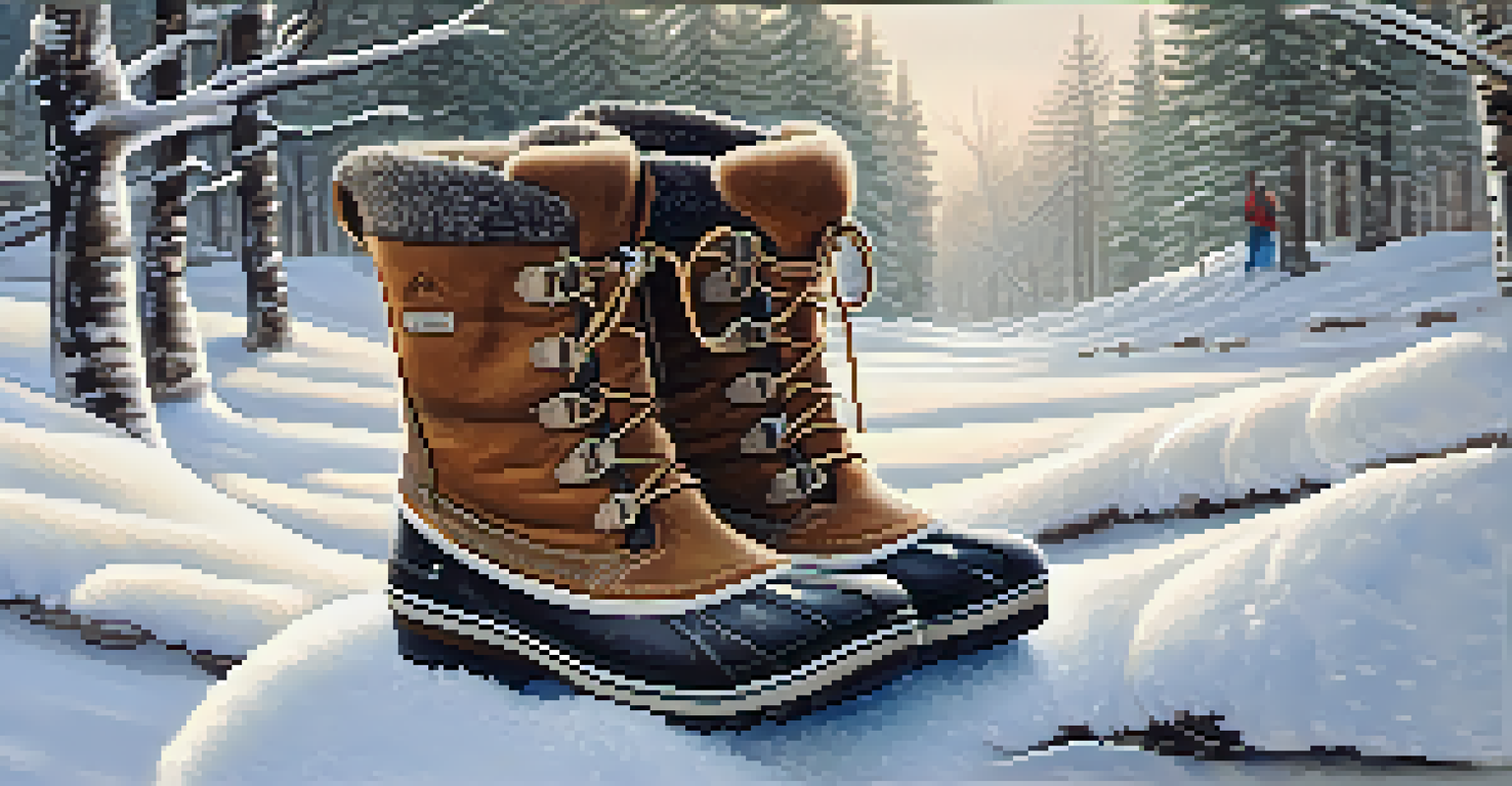 Close-up of waterproof winter boots on a snowy path with snowflakes falling around.