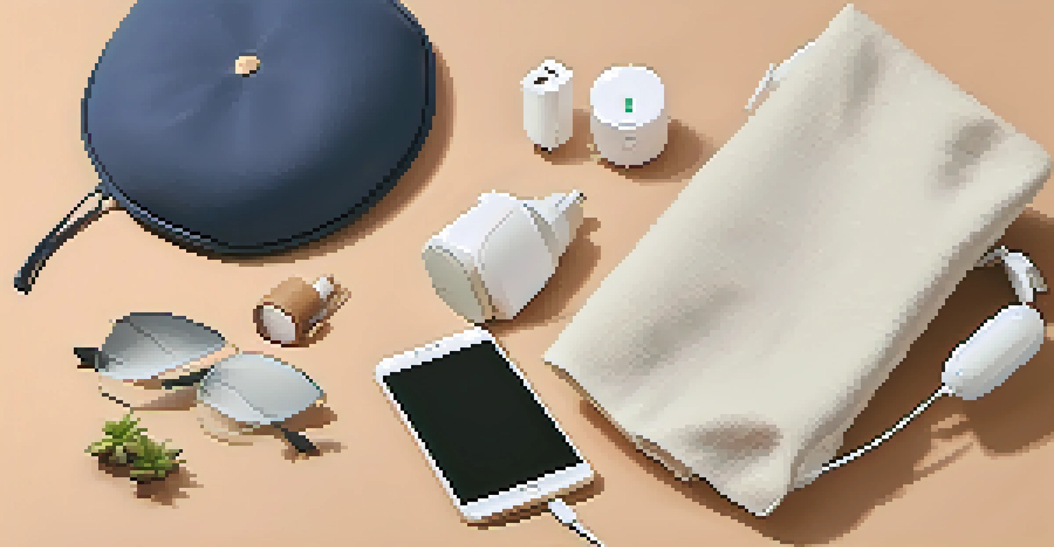 A minimalist travel accessory setup with a compact umbrella, universal charger, and lightweight travel pillow, arranged aesthetically on a soft fabric background.