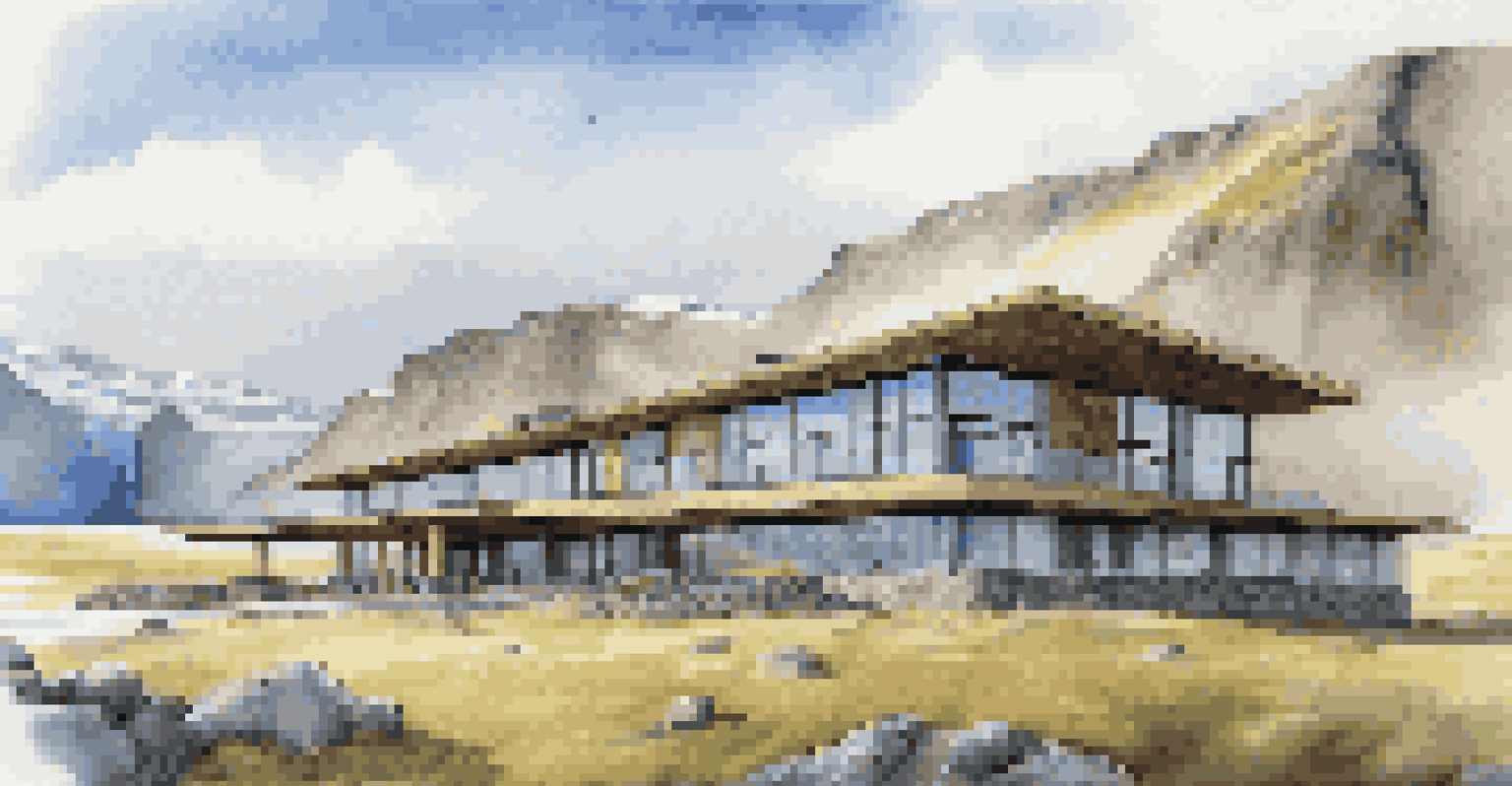 A modern boutique hotel in Iceland made of stone and wood, with geothermal heating and large windows showing fjords under a blue sky.