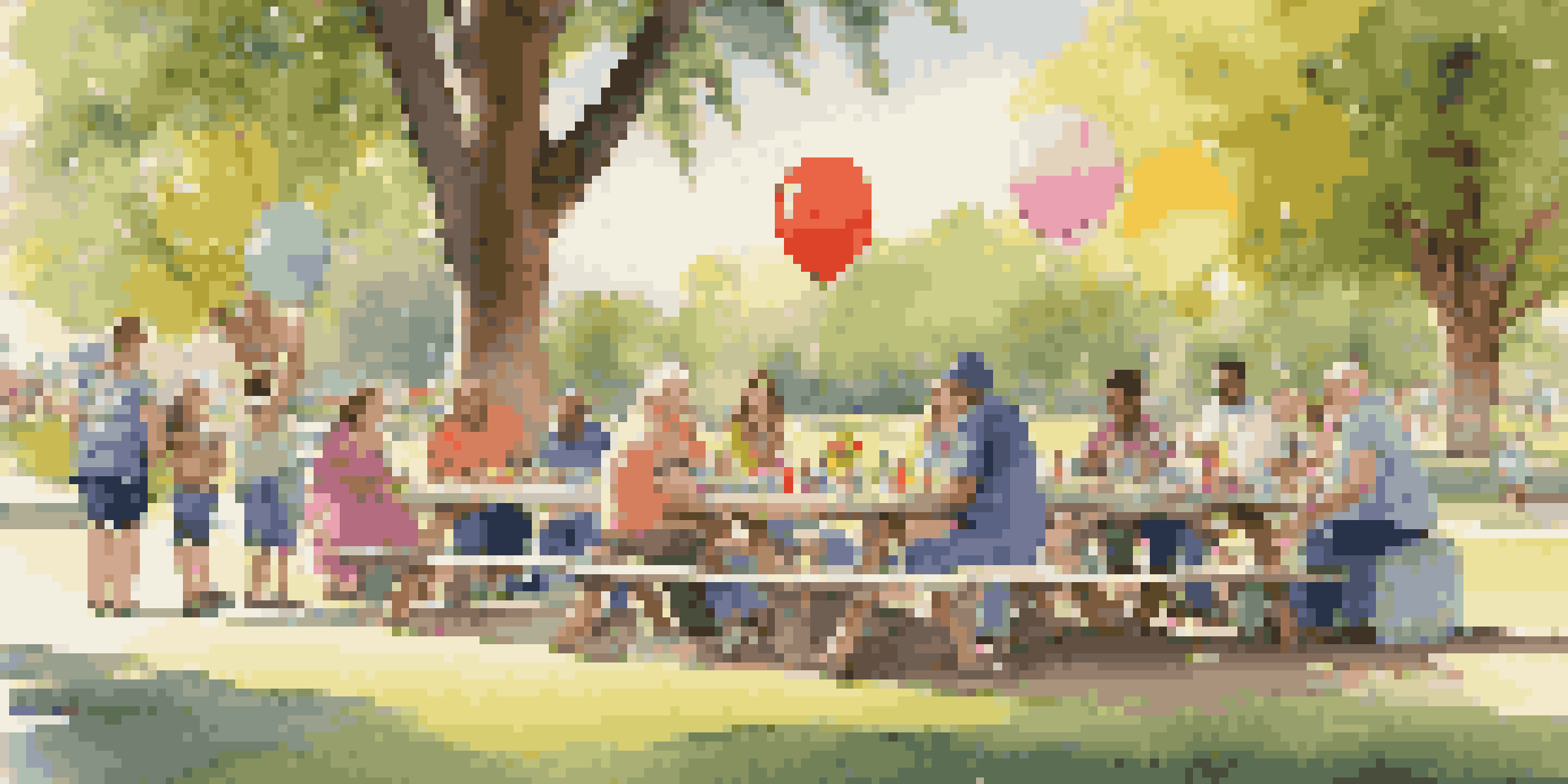 A diverse group of family members enjoying a picnic in a park, with accessible pathways and decorations.