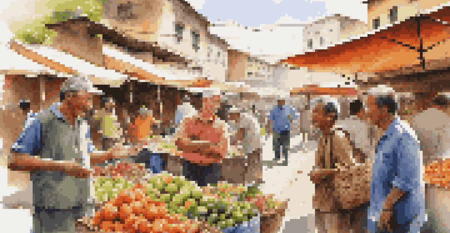 A local guide animatedly sharing stories with travelers at a vibrant outdoor market filled with colorful stalls.