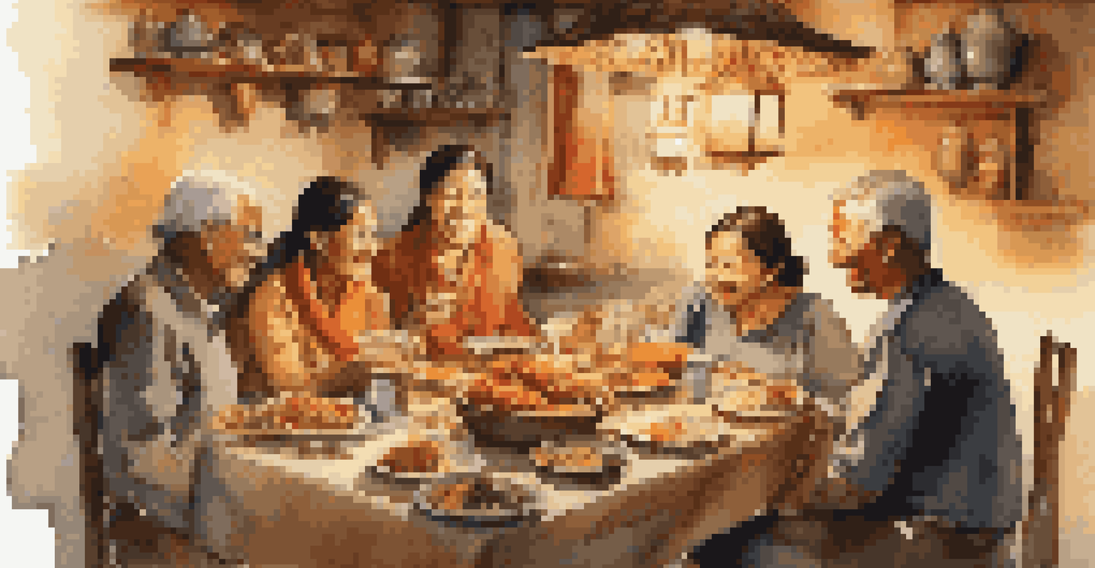 A warm dining scene of a local family enjoying a traditional meal together at a beautifully set table.