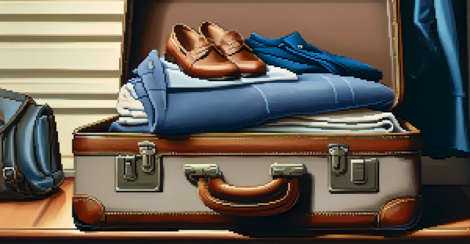 A close-up of a neatly packed suitcase displaying versatile clothing, comfortable shoes, and toiletries, set against a blurred hotel room background.