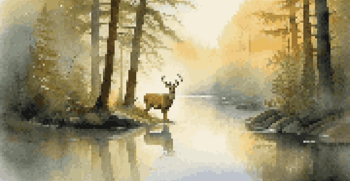 A majestic deer stands near a mist-covered pond in a tranquil forest during early morning light.