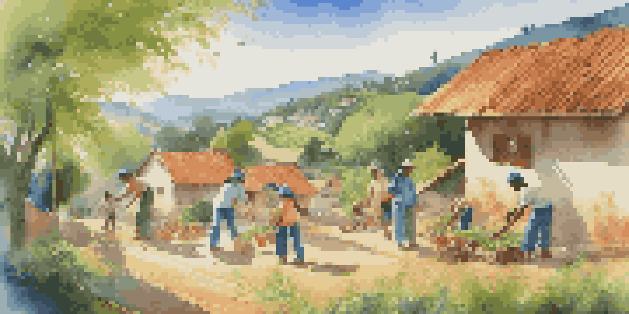 A group of diverse volunteers planting trees in a rural village, surrounded by children and traditional houses, under a bright blue sky.
