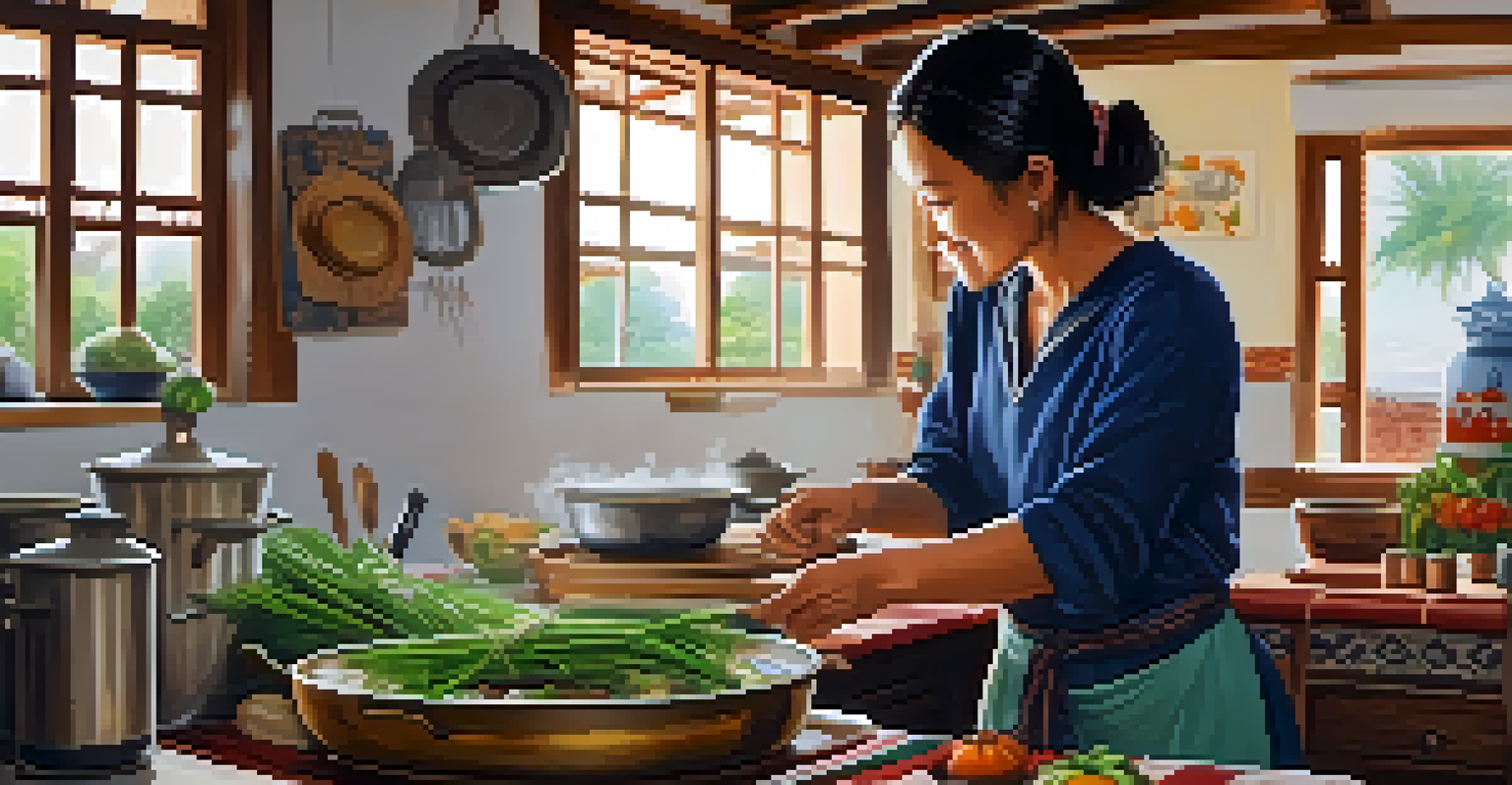 A traveler cooking with a local host in a homestay kitchen, surrounded by fresh ingredients and a lively atmosphere.