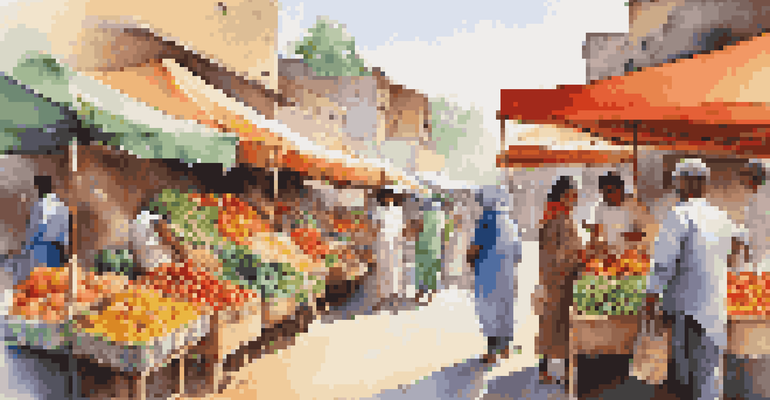 A bustling local market with colorful stalls and people interacting, showcasing fresh produce and a lively atmosphere.