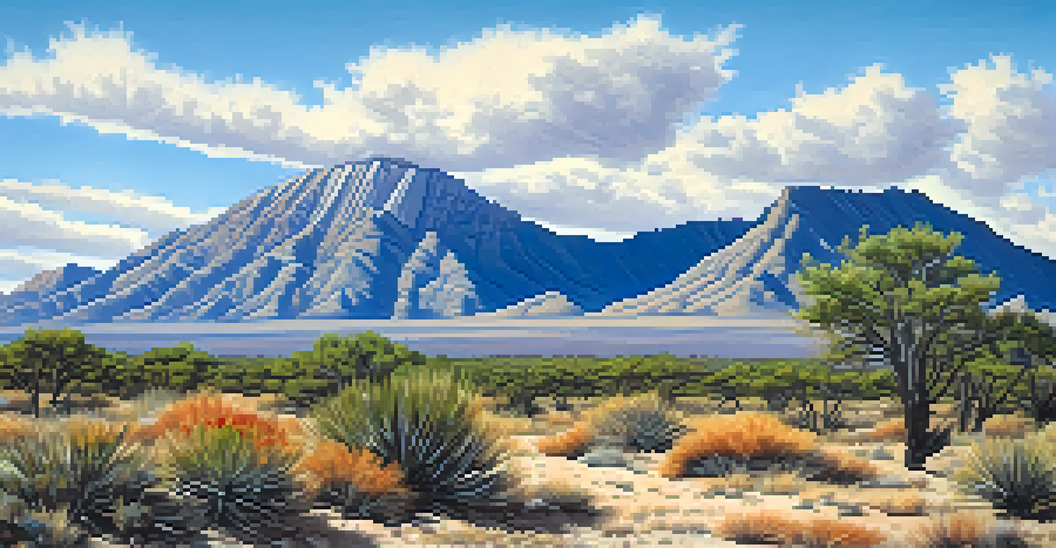 A picturesque view of Guadalupe Mountains National Park with Guadalupe Peak and colorful desert plants.