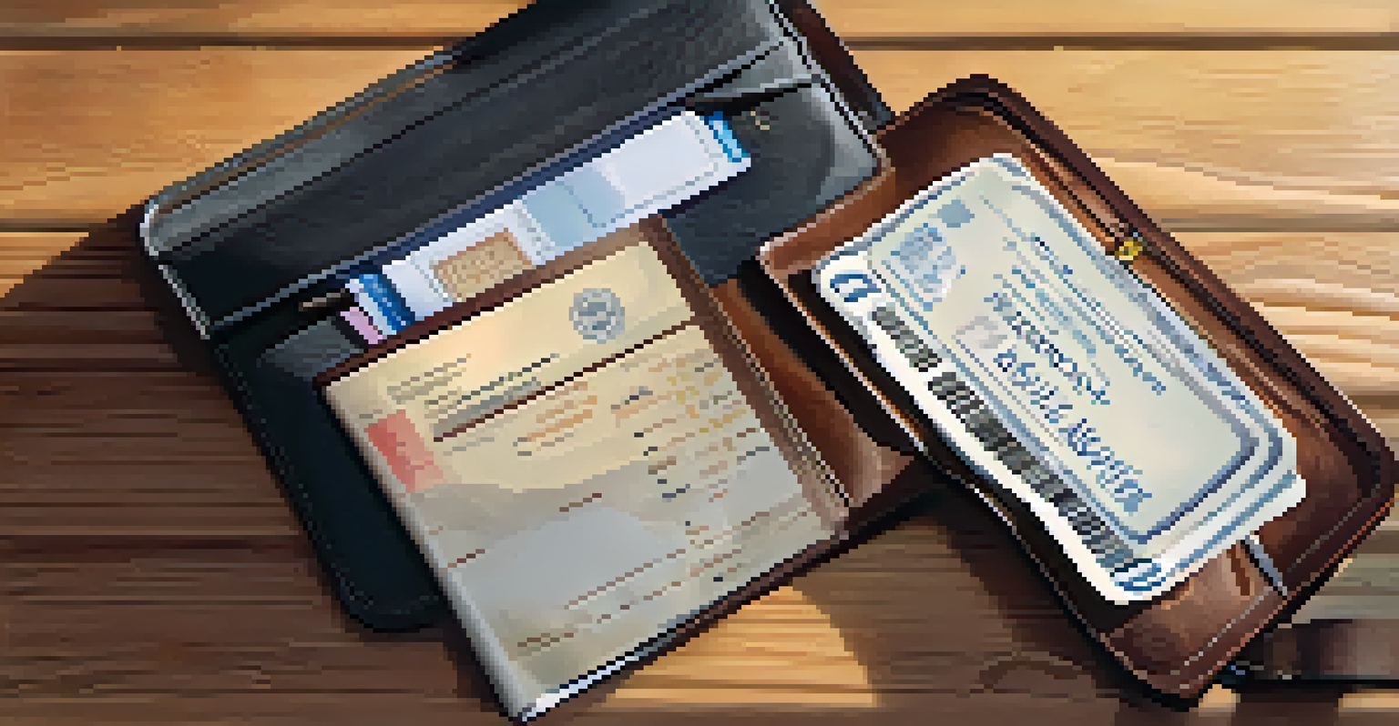A travel wallet open on a table, displaying a passport and boarding passes in soft natural light.