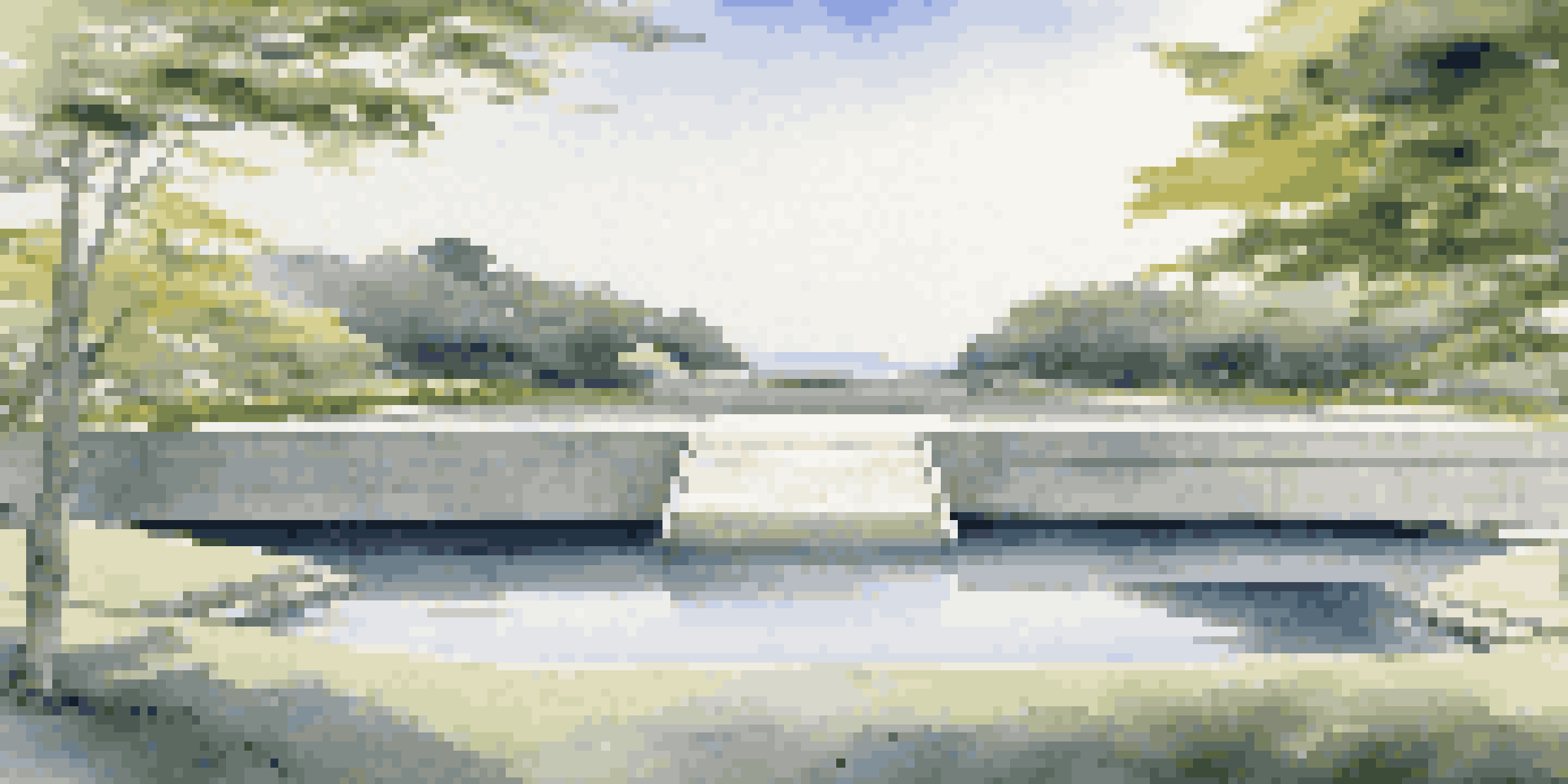 A tranquil scene of a minimalist concrete temple partially submerged in a pond, surrounded by lush greenery and soft sunlight.
