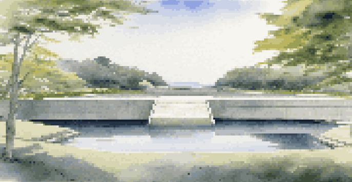 A tranquil scene of a minimalist concrete temple partially submerged in a pond, surrounded by lush greenery and soft sunlight.