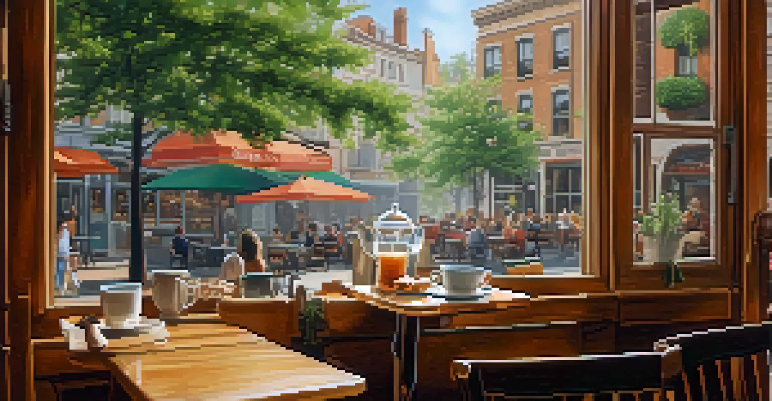 A cozy cafe table with coffee, a book, and pastry, overlooking a bustling street with greenery.