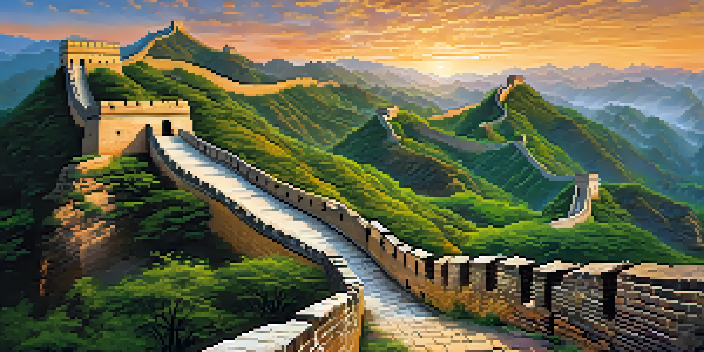 A panoramic view of the Great Wall of China with watchtowers against a sunset sky.