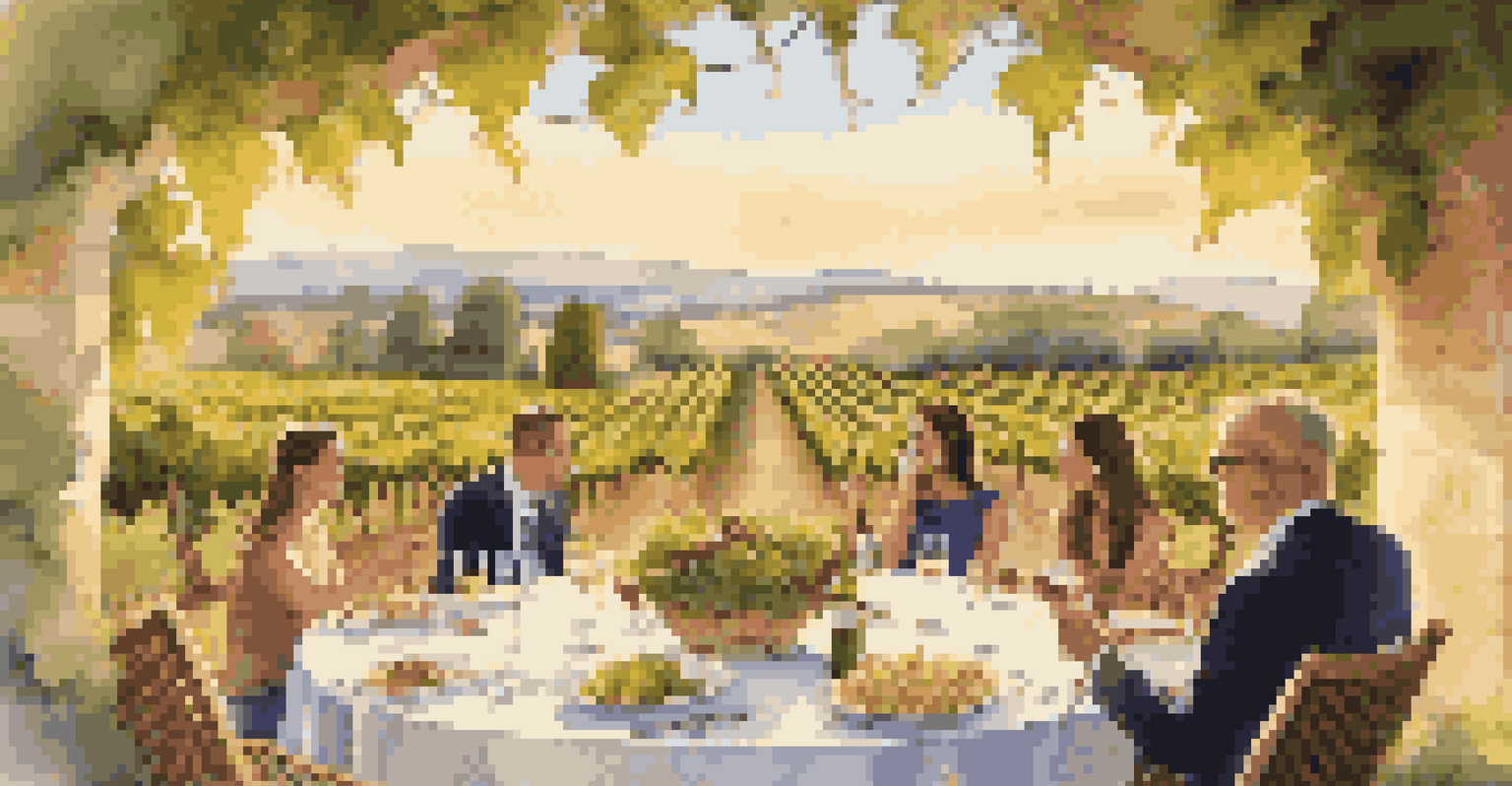 A private wine tasting in a vineyard with guests enjoying wine and cheese under golden hour light.