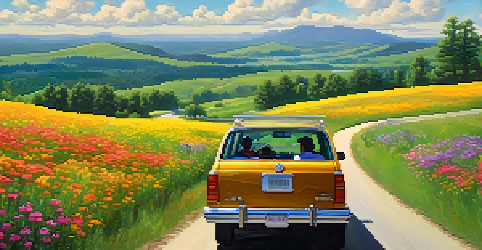 A family car driving on a scenic back road surrounded by green hills and flowers.