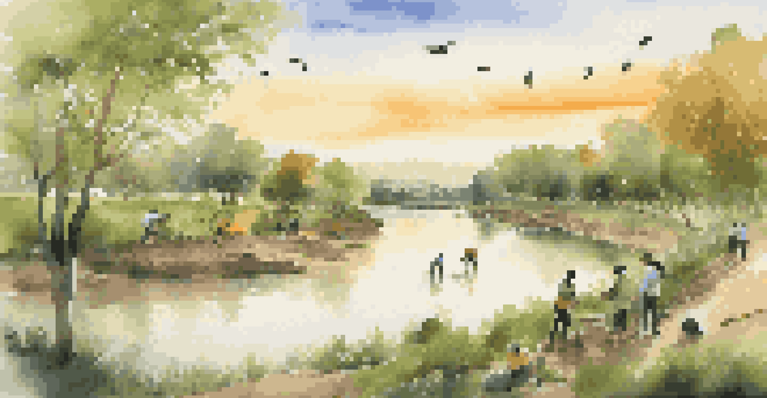 Volunteers planting trees by a river during sunset, representing a community-led conservation project.