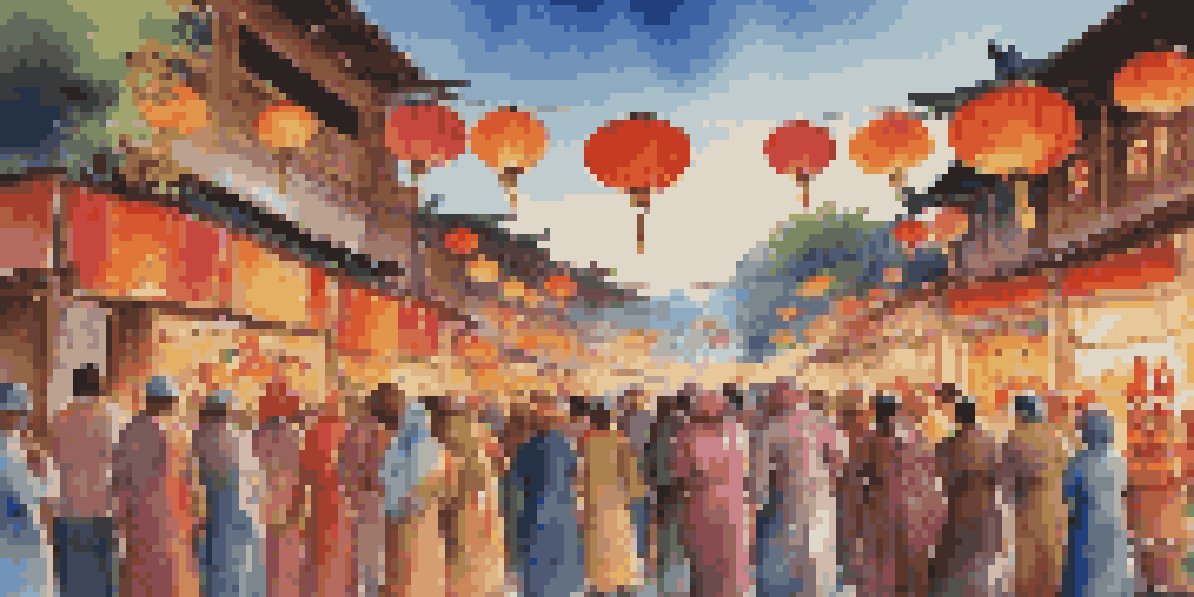 A lively outdoor cultural festival with people in traditional attire, colorful decorations, and food stalls, creating a joyful ambiance.