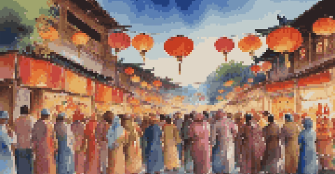 A lively outdoor cultural festival with people in traditional attire, colorful decorations, and food stalls, creating a joyful ambiance.