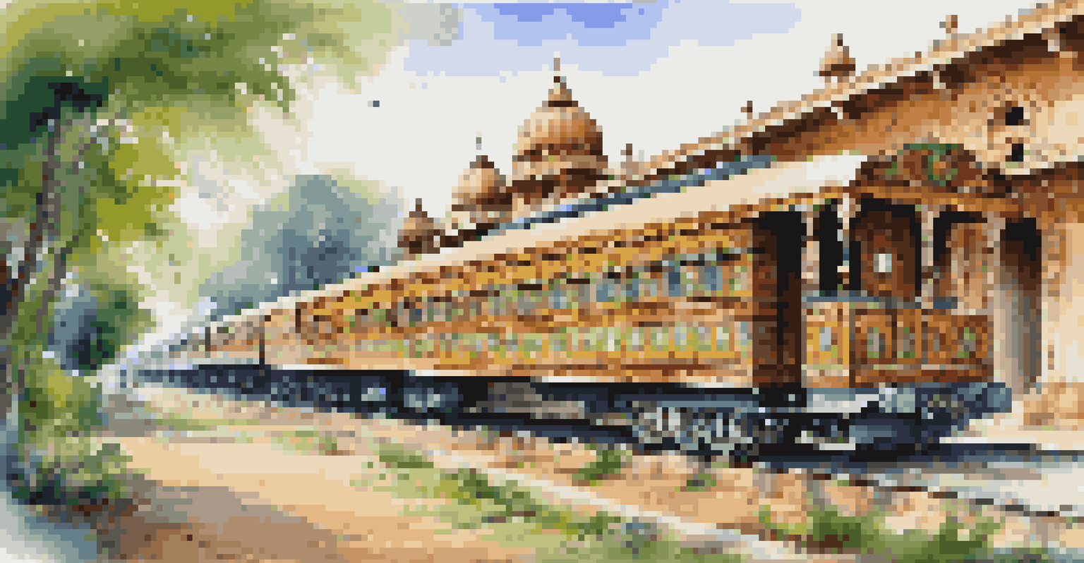 The Palace on Wheels train at an Indian station, showcasing intricate designs and lush surroundings, with passengers stepping off.