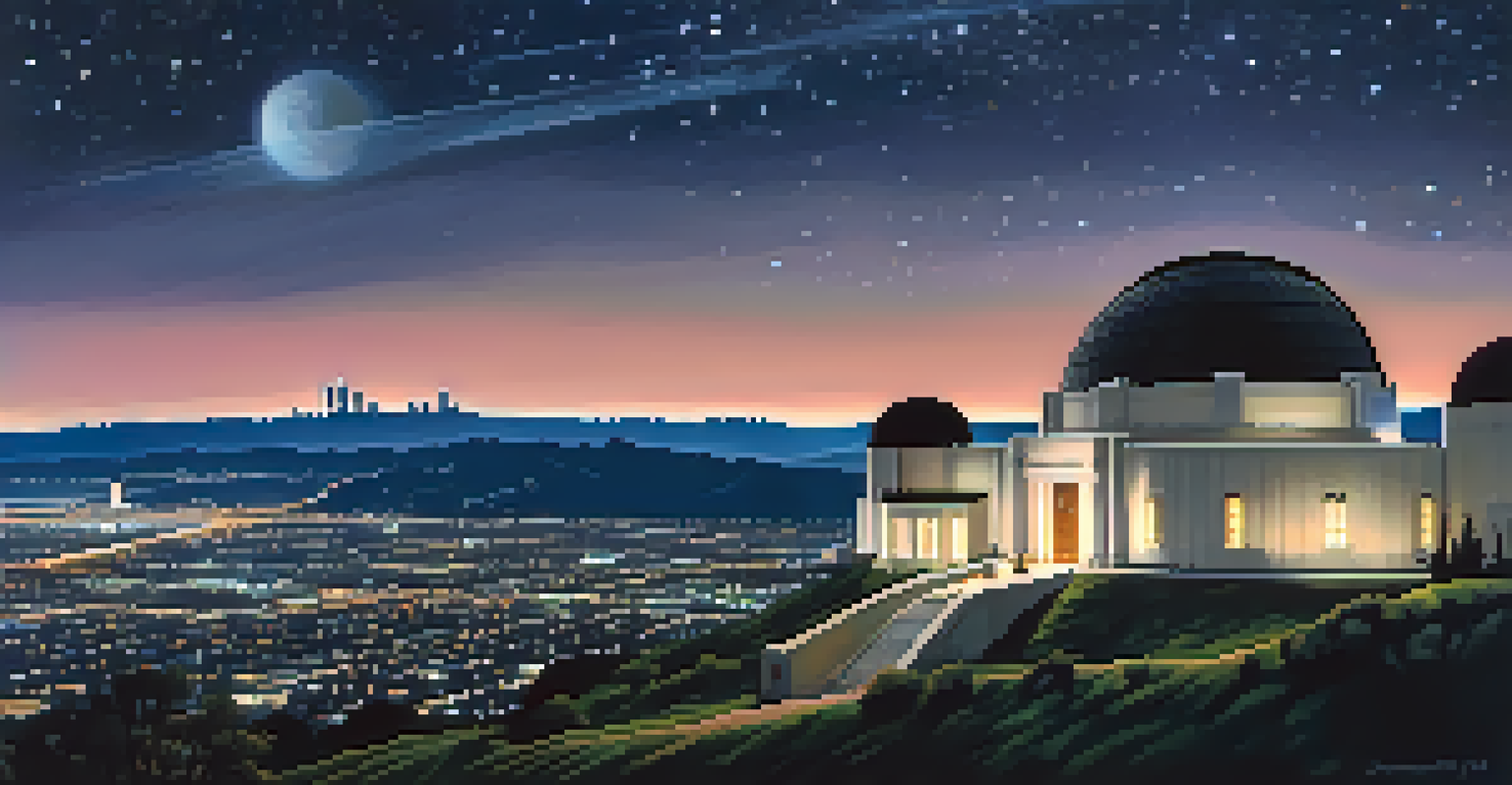 Griffith Observatory under a starry night sky with the Los Angeles skyline in the background.
