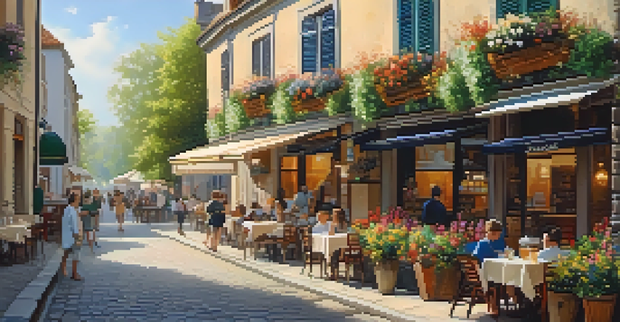 A peaceful outdoor cafe on a sunny European street, with vibrant flowers and people relaxing.