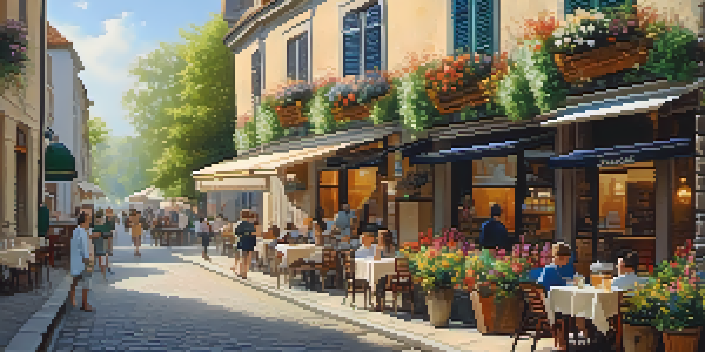 A peaceful outdoor cafe on a sunny European street, with vibrant flowers and people relaxing.