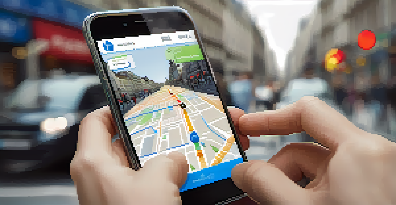 A smartphone showing a navigation app with a map, held in a person's hand against a city backdrop.