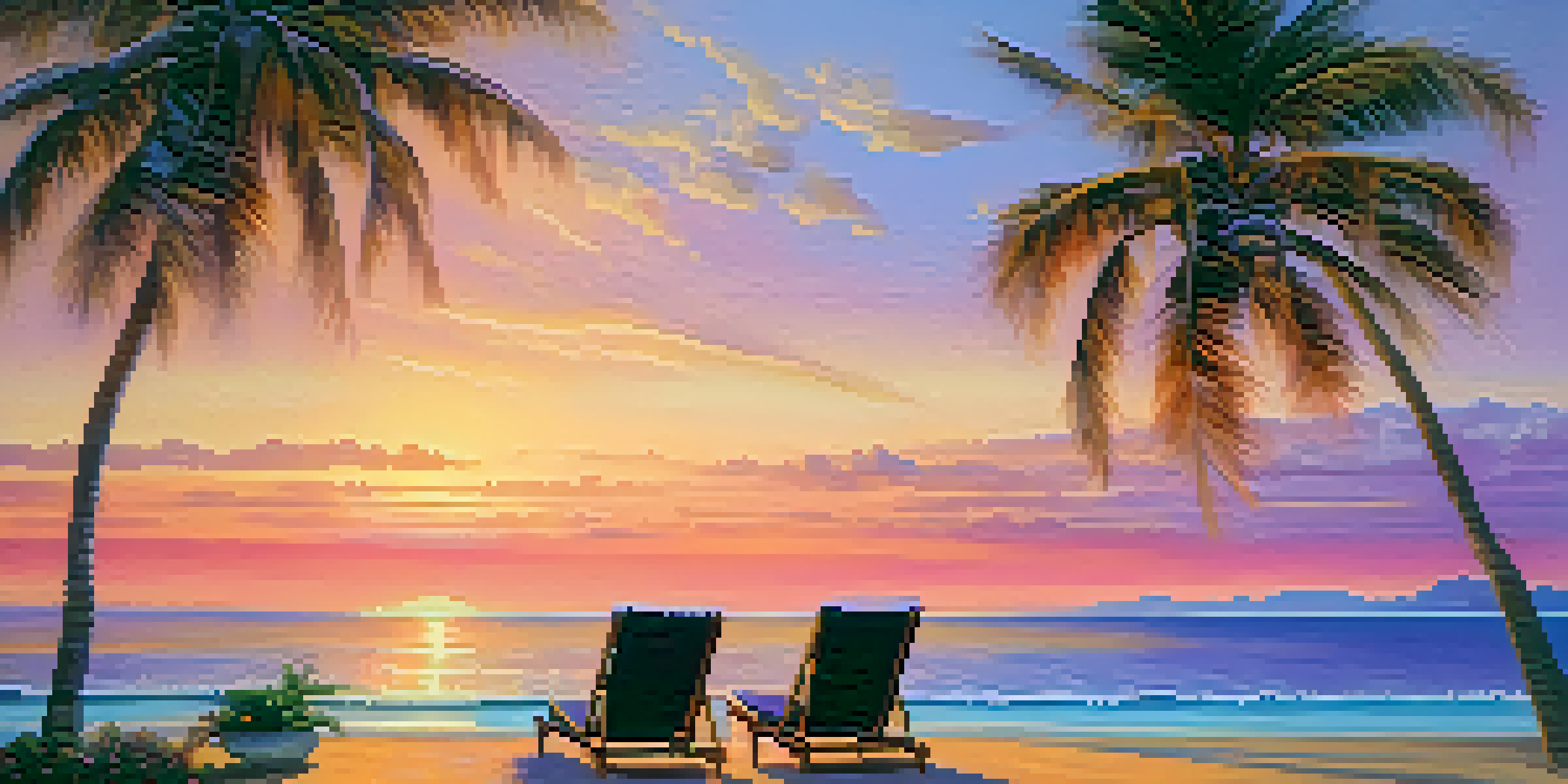 A peaceful beach at sunset with two lounge chairs and a table with wine glasses, surrounded by palm trees.