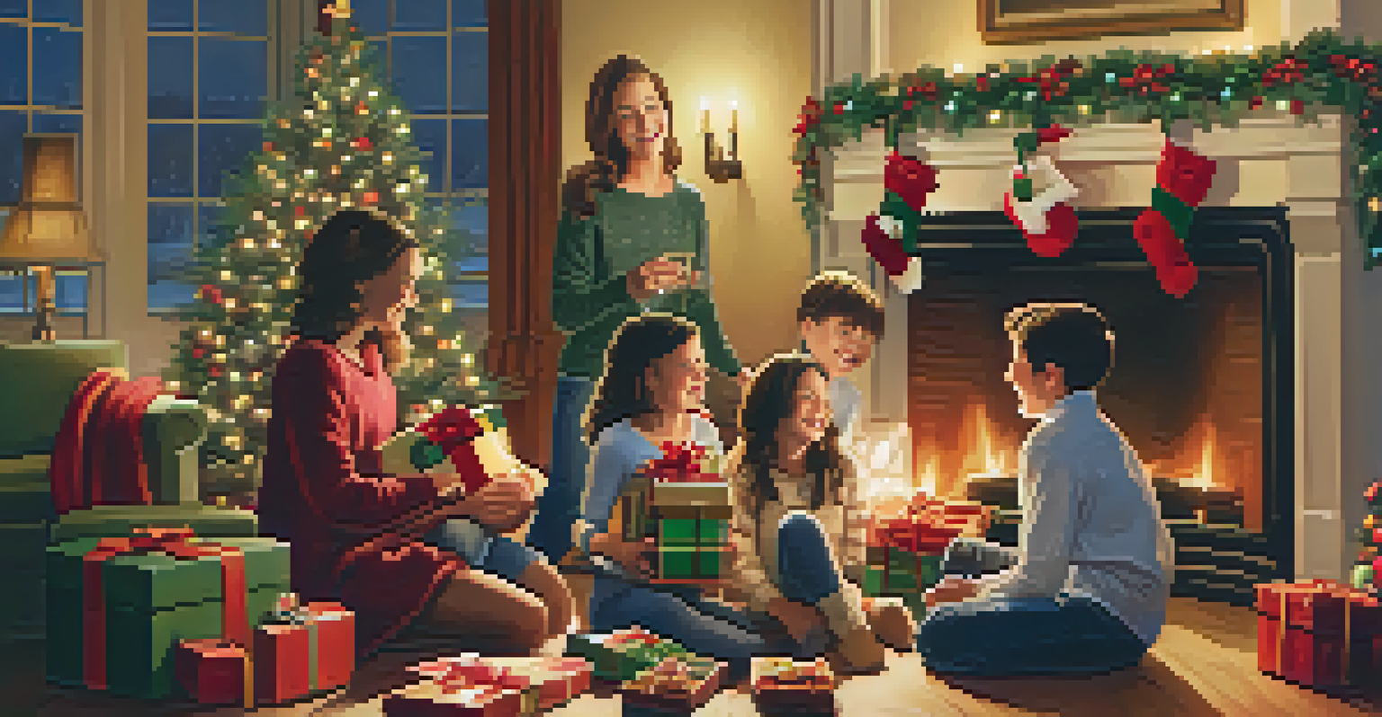 A happy family gathered around a fireplace, exchanging gifts and enjoying the holiday atmosphere.