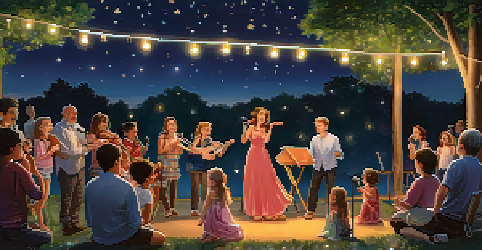 A family talent show takes place outdoors, with performers on stage and an enthusiastic audience under fairy lights.
