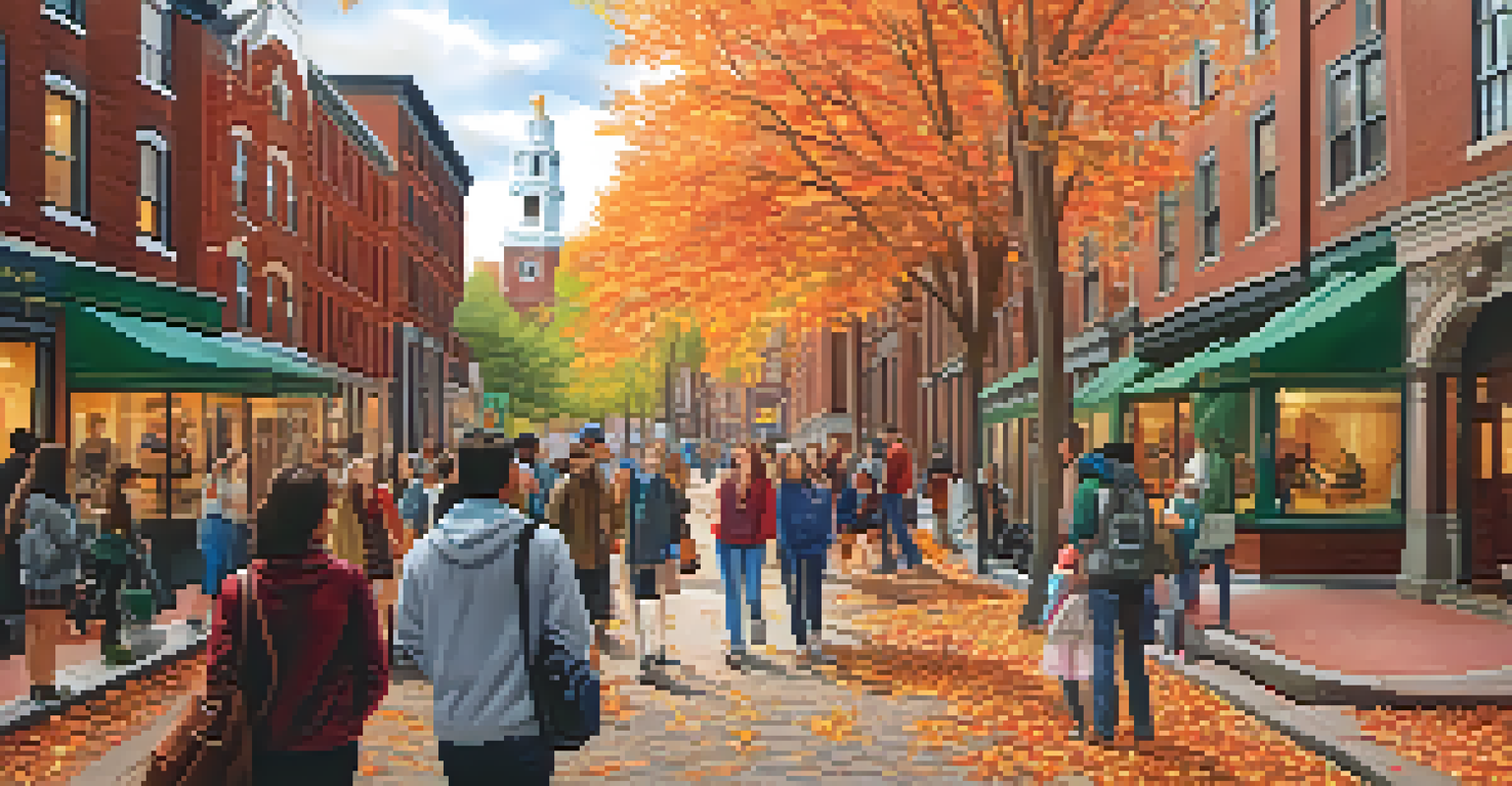 Students walking along the Freedom Trail in Boston, surrounded by historic buildings and autumn leaves.