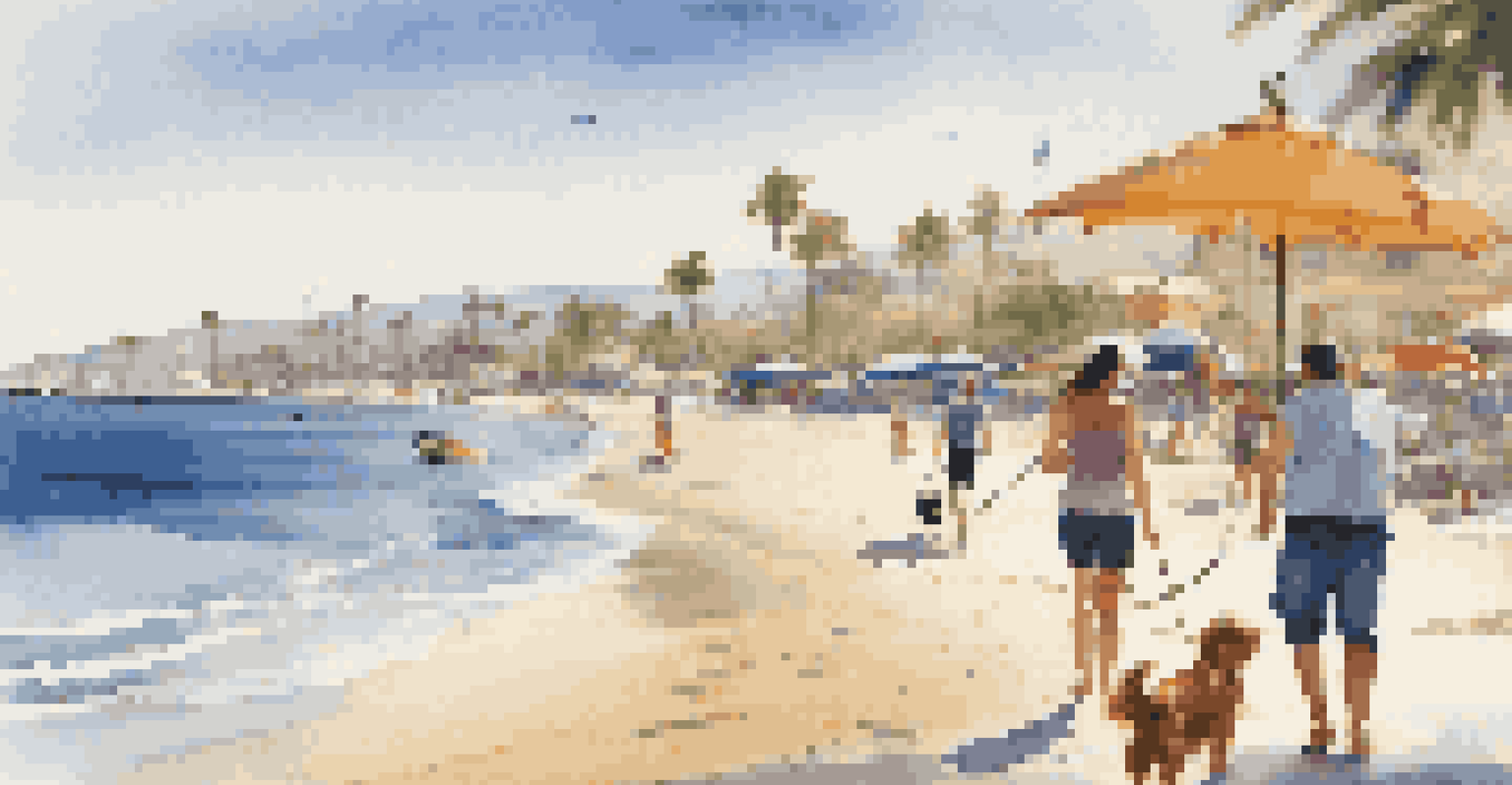 A pet owner walking their dog on a sunny beach at a cruise port, with palm trees, colorful beach umbrellas, and other pet owners in the background.
