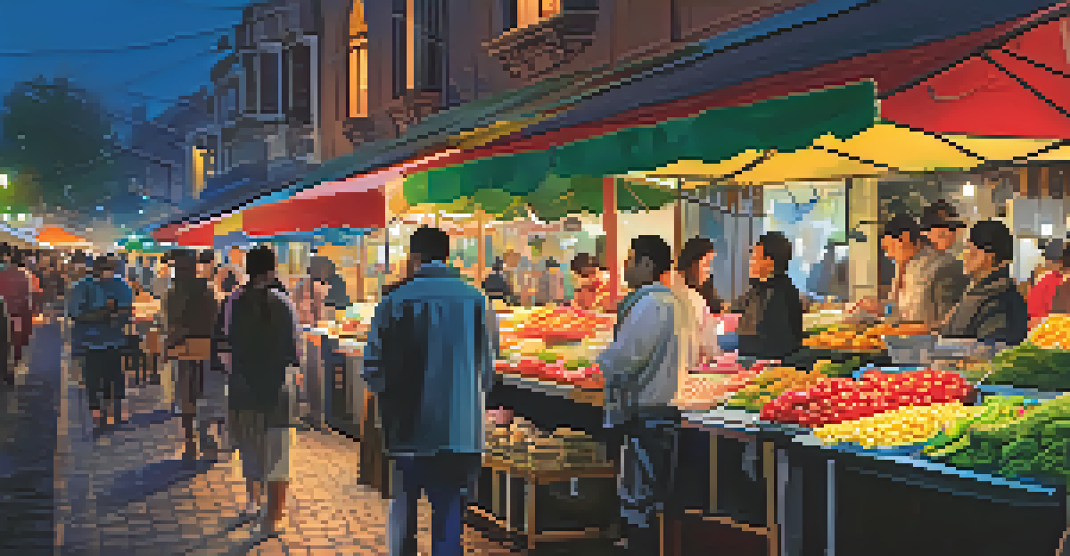 An evening street market with colorful stalls, illuminated by portable LED lights.