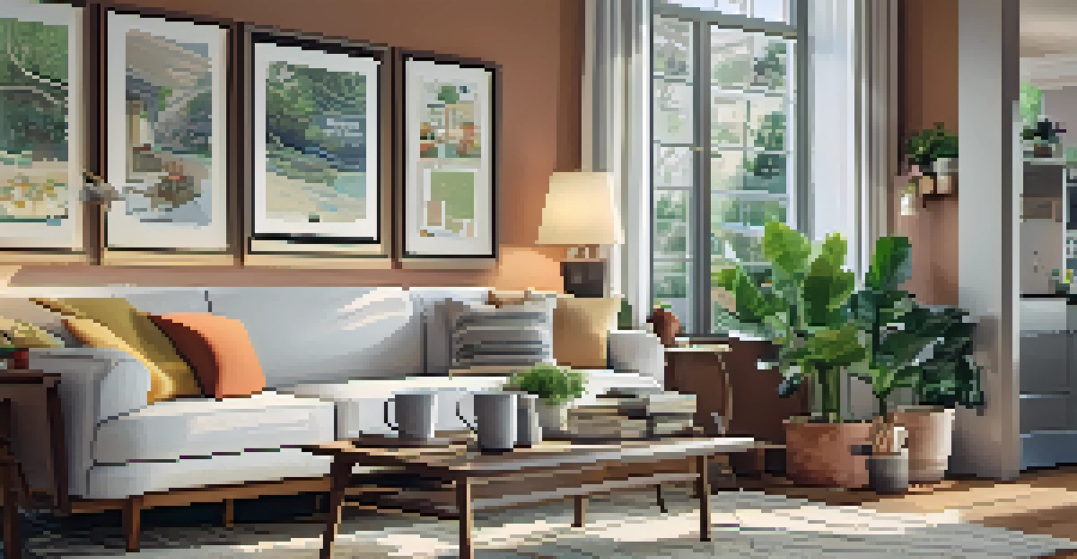 A cozy vacation rental living room with a sofa, coffee table, and a bright kitchen.