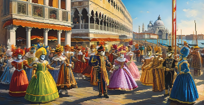 A lively Venice Carnival scene with people wearing colorful masks and costumes, gondolas in the background, and festive decorations under warm sunlight.