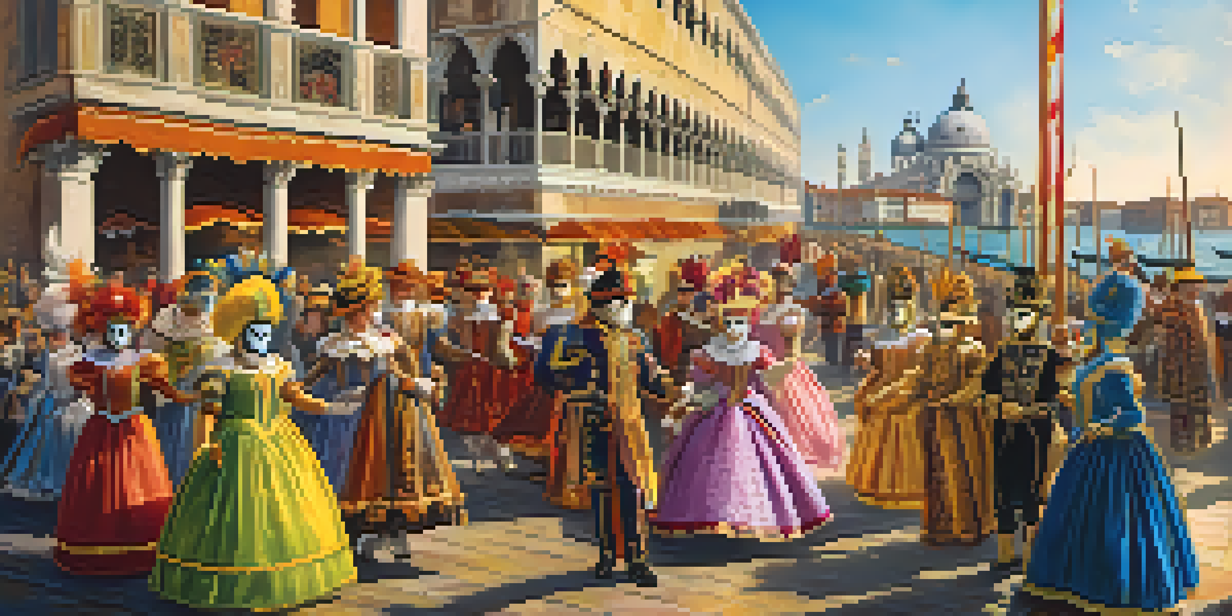 A lively Venice Carnival scene with people wearing colorful masks and costumes, gondolas in the background, and festive decorations under warm sunlight.
