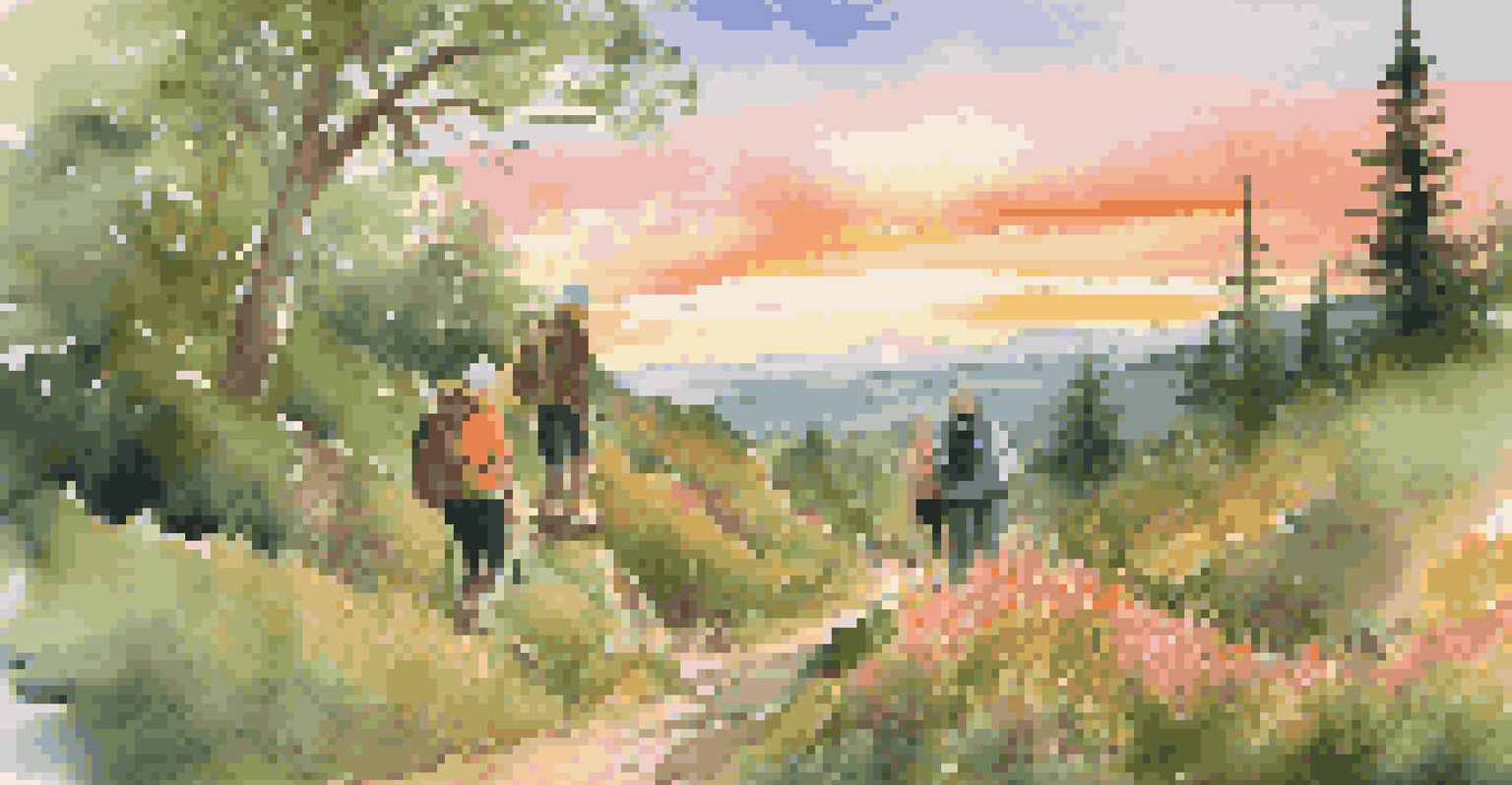 A group of senior travelers hiking on a scenic trail, enjoying the sunset and vibrant wildflowers in a lush green landscape.