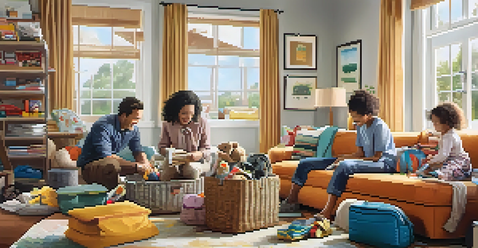 A family packing for a trip in a vibrant living room, with parents checking a list and excited children holding toys.