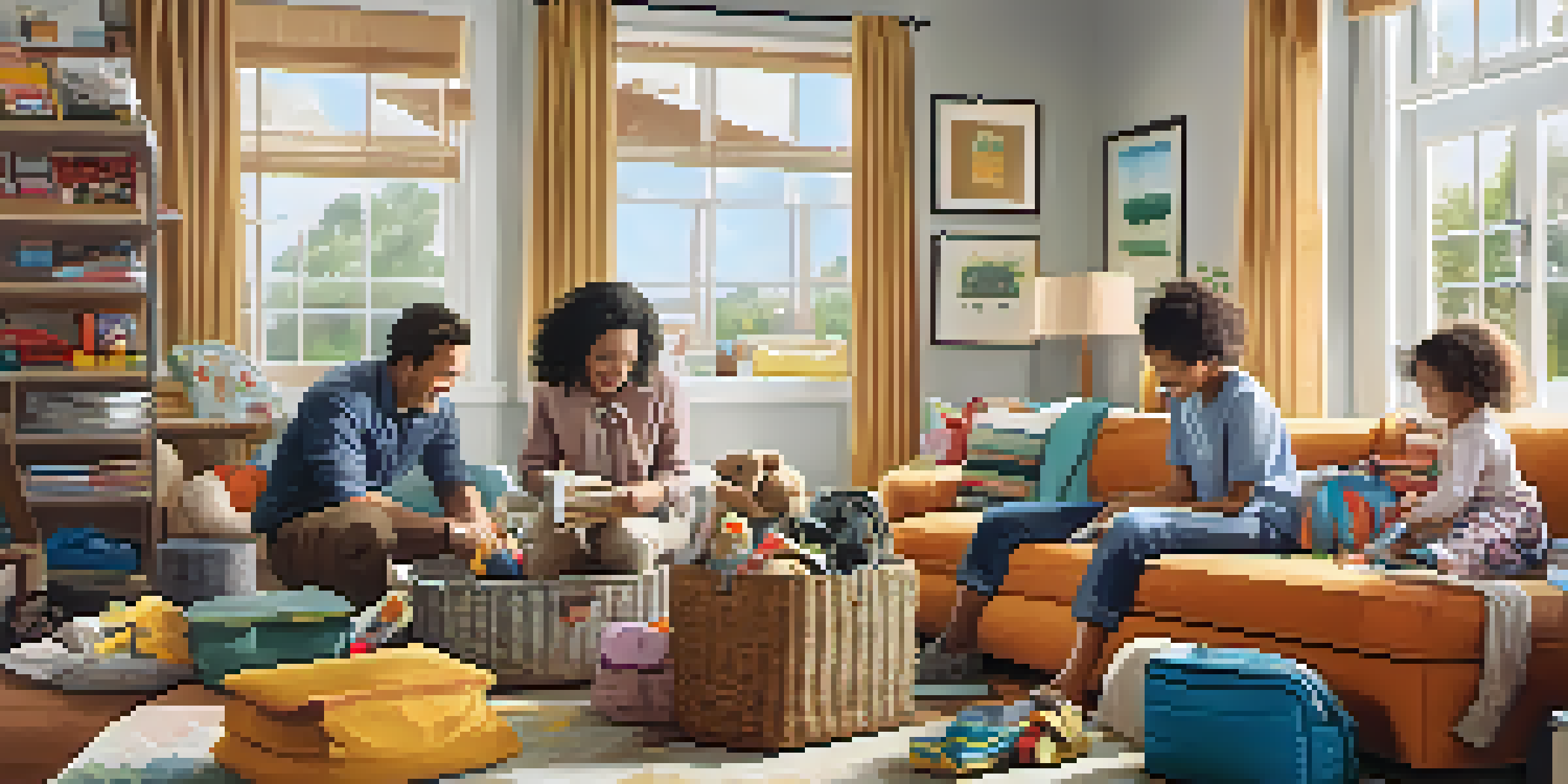 A family packing for a trip in a vibrant living room, with parents checking a list and excited children holding toys.