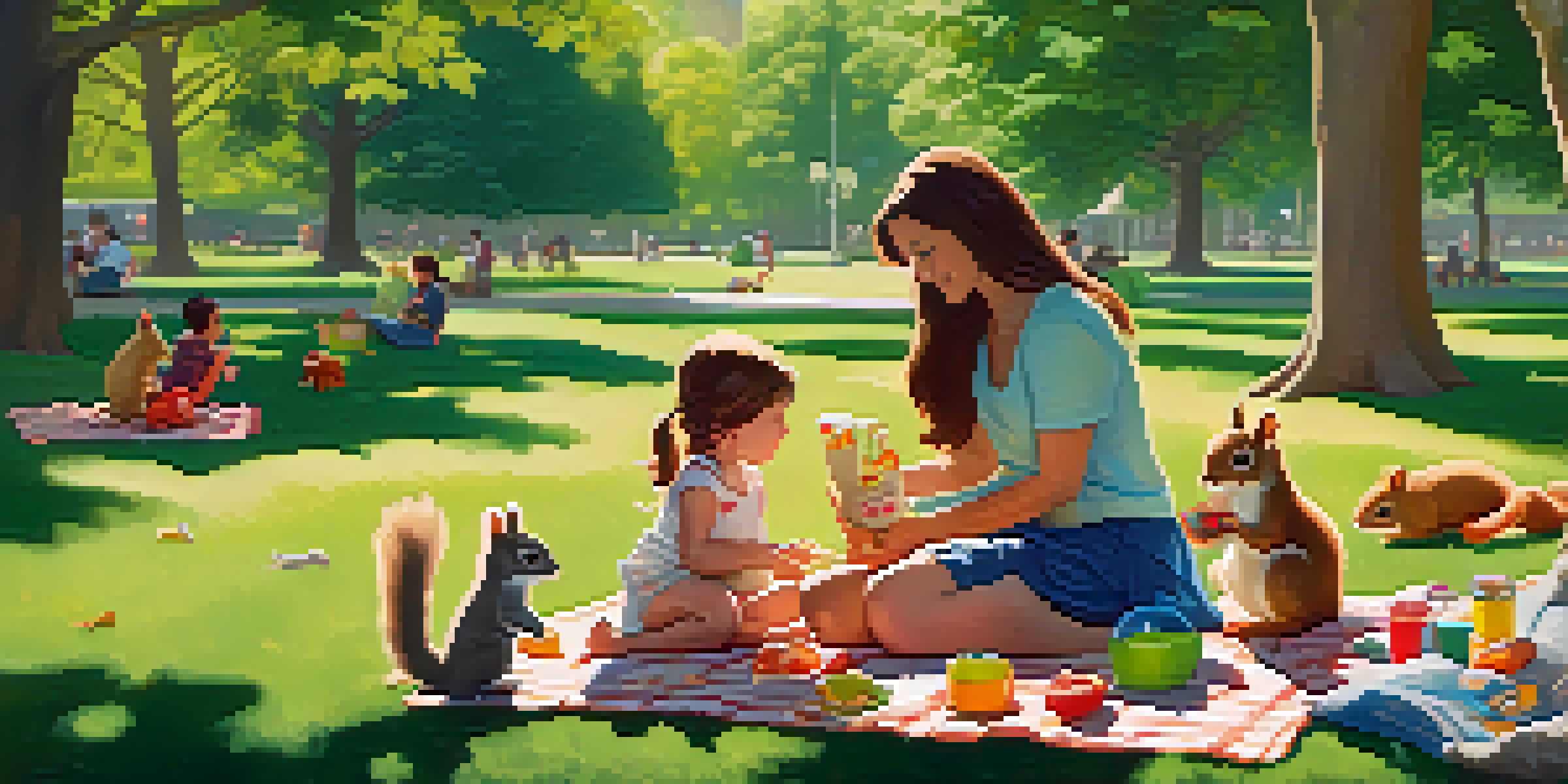 A parent and toddler having a picnic in a park, surrounded by greenery and sunlight.