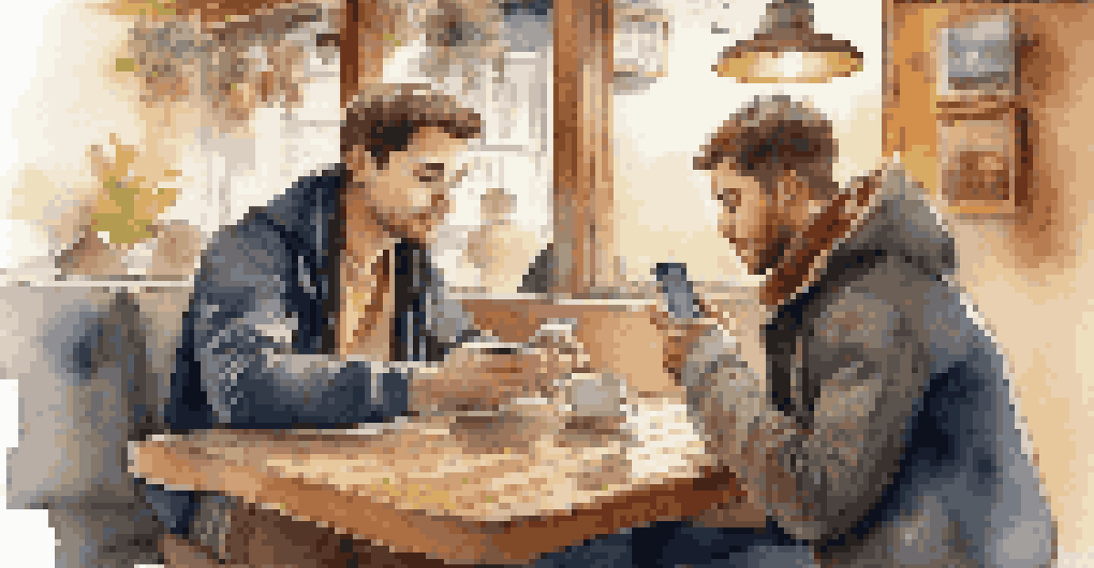 A young man at a café looking at a flexible travel itinerary on his smartphone, with a cup of coffee on the table.