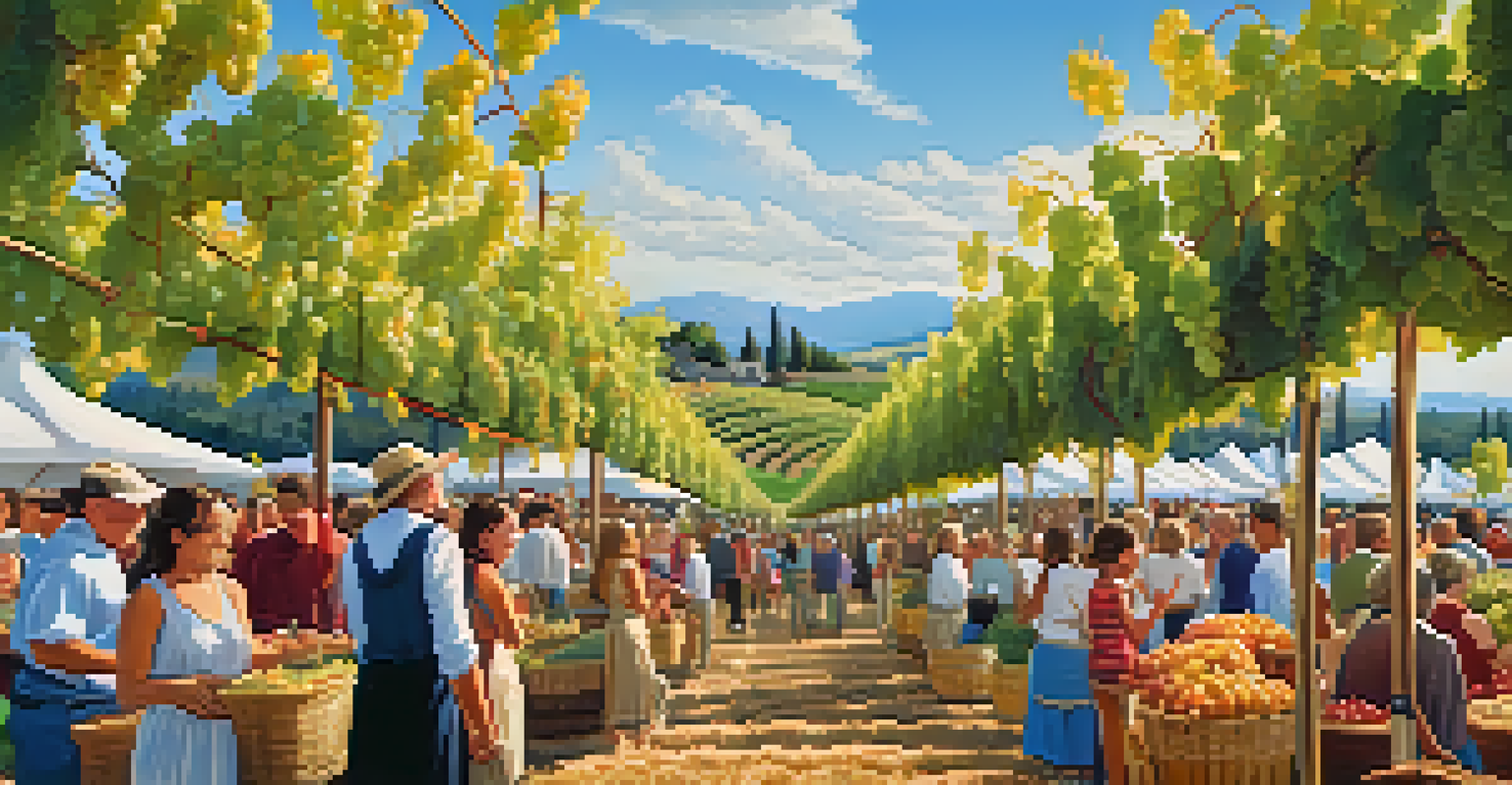 A lively vineyard during a harvest festival, with ripe grapevines and people enjoying wine tastings and local food stands under a clear sky.