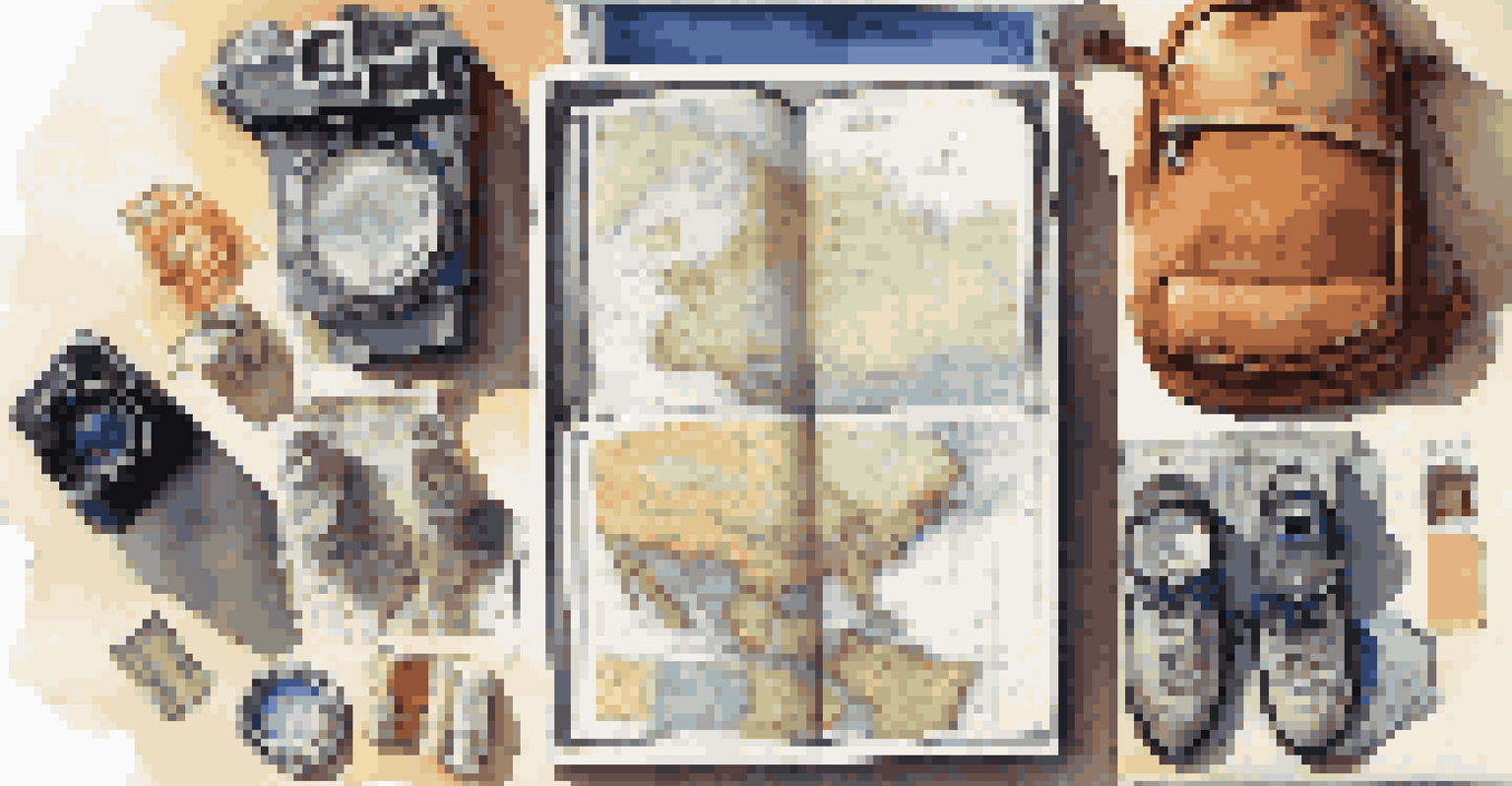 A traveler's essentials including a passport, foreign currency, a travel guidebook, camera, and backpack on a bed, illuminated by sunlight.