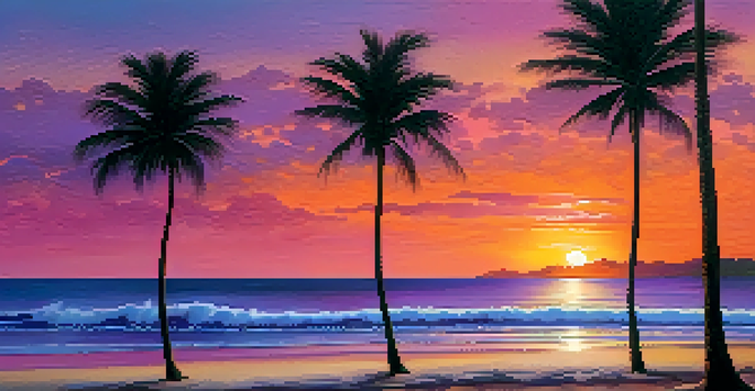 A peaceful beach at sunset with palm trees and colorful sky.